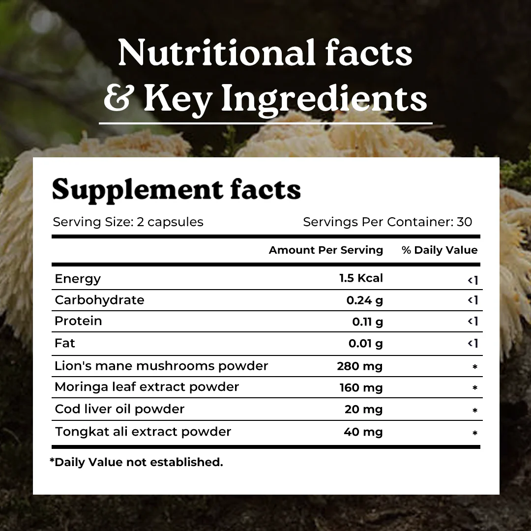 Mars Pure Lion's Mane Caps: Powered with Moringa, Tongkat Ali & Cod Liver Oil (60 N) - Image 3