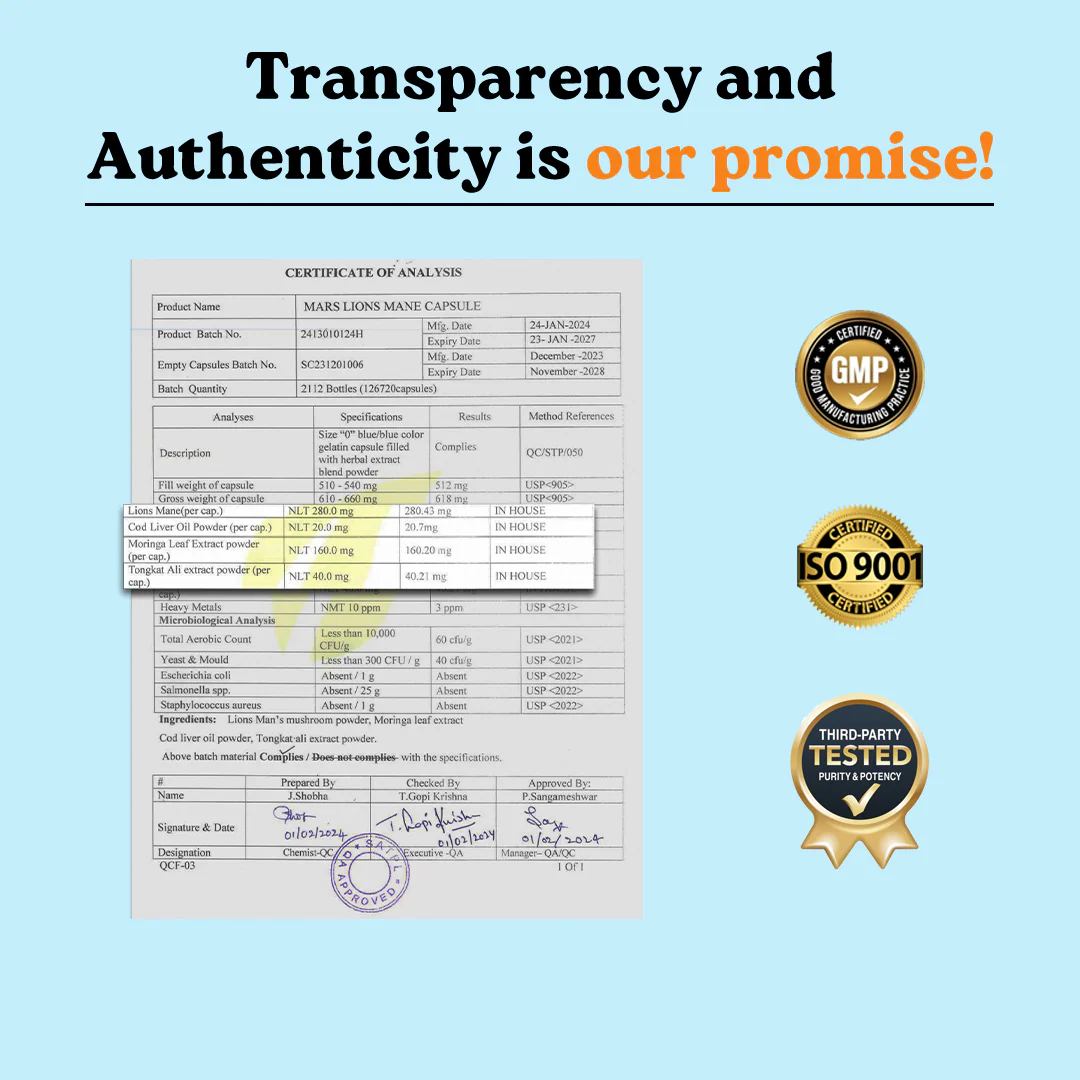 Mars Pure Lion's Mane Caps: Powered with Moringa, Tongkat Ali & Cod Liver Oil (60 N) - Image 5